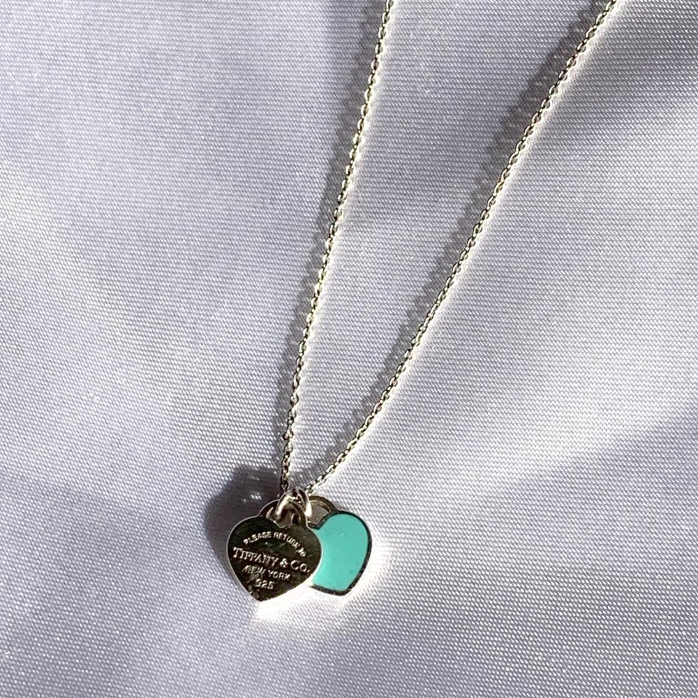 Tiffany Return to Tiffany Mini Double Heart Tag Necklace, 18" chain. Needs TLC!